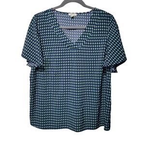Como Blu Plus Sz 2X Blue Green Geometric Print Blouse V Neckline Flutter Sleeve